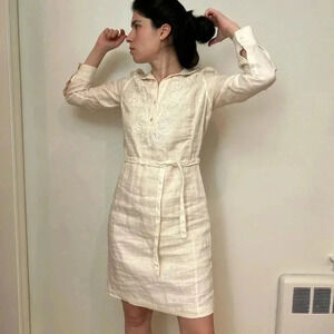 TALBOTS linen embroidered knee length belted shirt dress size 4P sundress dissh